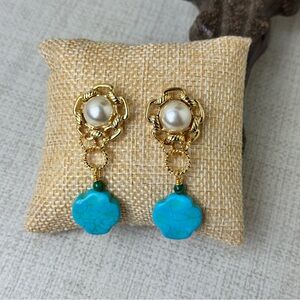Upcycled Faux Pearl Goldtone Howlite Drops Pierced Earrings